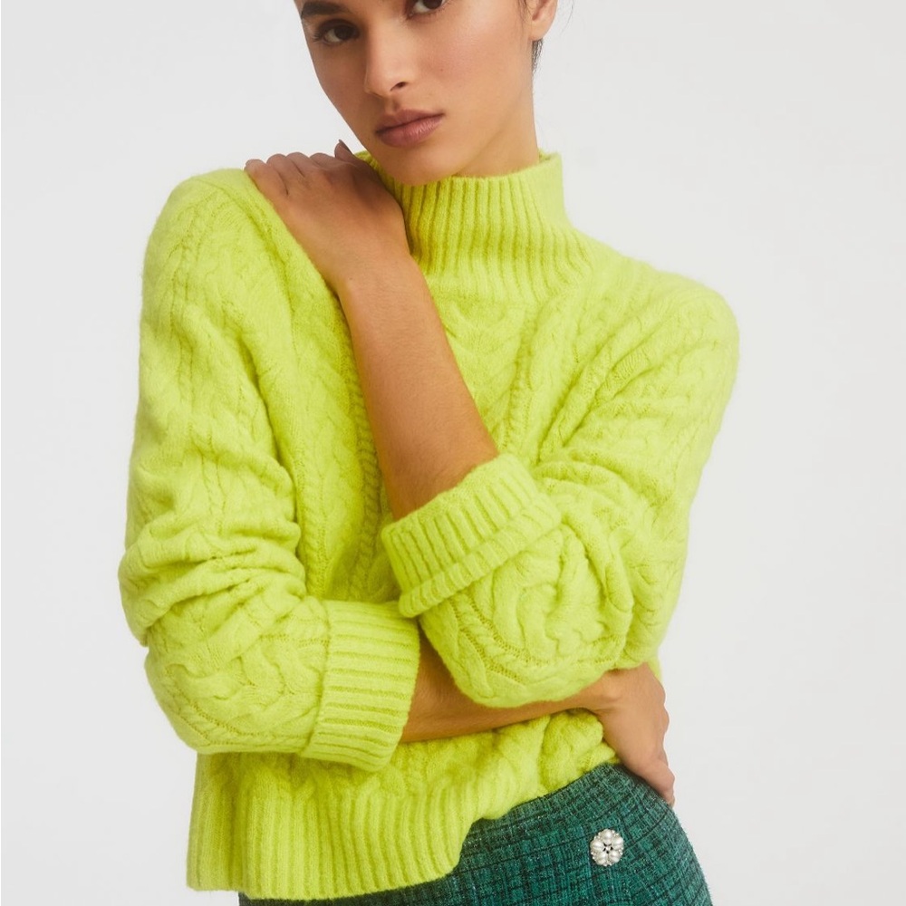 Anthropologie Yellow Cowl Neck Sweater with Cable Knit Design size medium